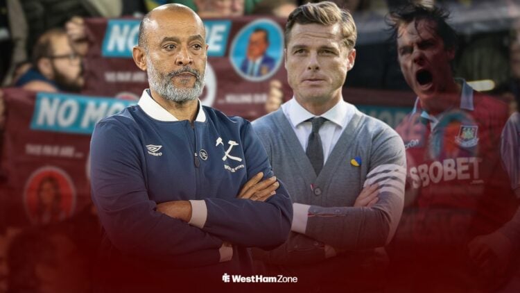 Nuno Espirito Santo looking annoyed at West Ham alongside Scott Parker