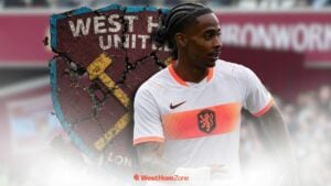 Crysencio Summerville in a Netherlands shirt alongside the West Ham badge