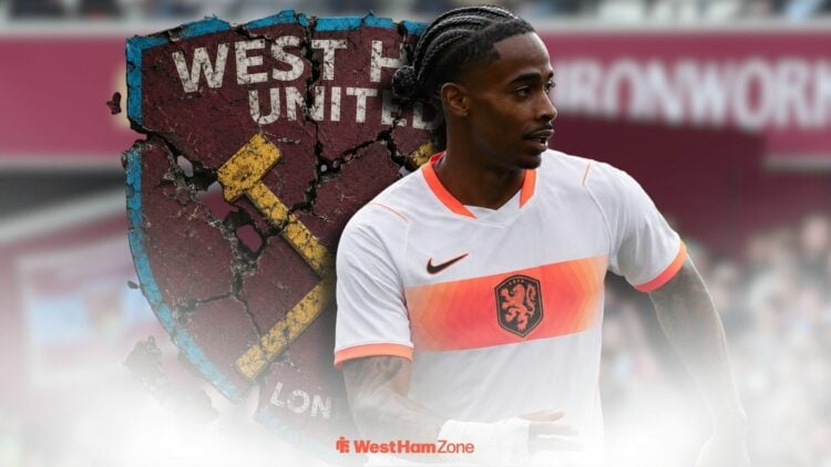 Crysencio Summerville in a Netherlands shirt alongside the West Ham badge