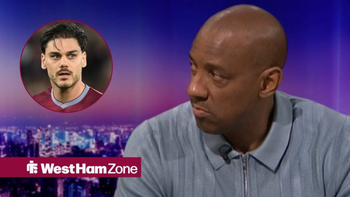 Dion Dublin speaking on Match of the Day looking towards Konstantinos Mavropanos on Match of the Day