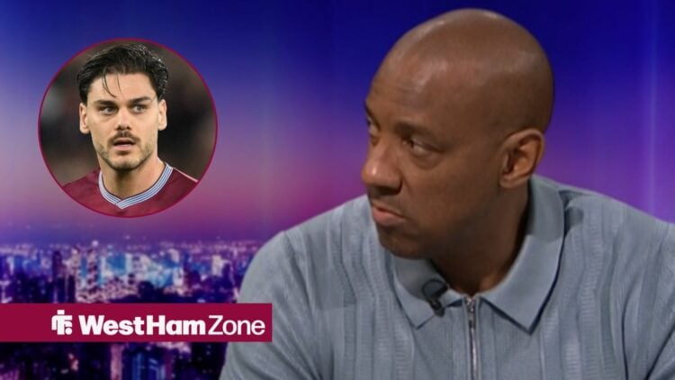 Dion Dublin speaking on Match of the Day looking towards Konstantinos Mavropanos on Match of the Day