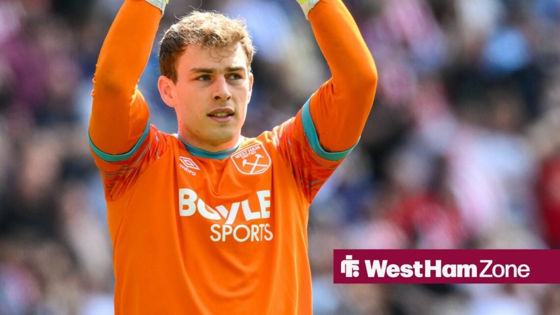 Mads Hermansen, goalkeeper of West Ham United, applauds fans during warm-up at the Premier League match between Brentford and West Ham United at th...
