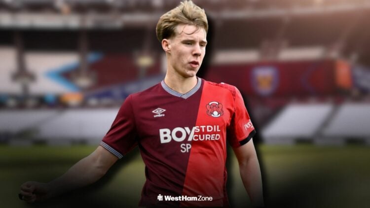 Kaelan Casey in a half West Ham and Leyton Orient shirt