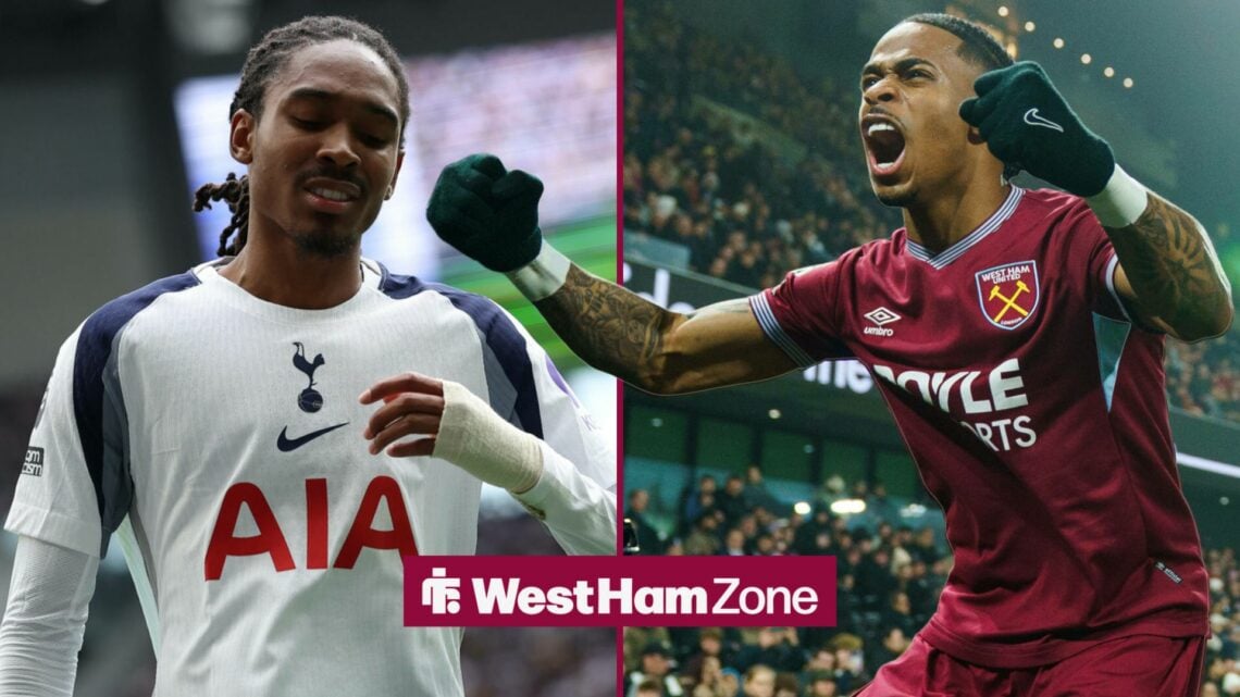 Djed Spence playing for Tottenham and Crysencio Summerville celebrating playing for West Ham