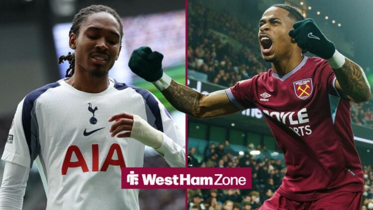 Djed Spence playing for Tottenham and Crysencio Summerville celebrating playing for West Ham