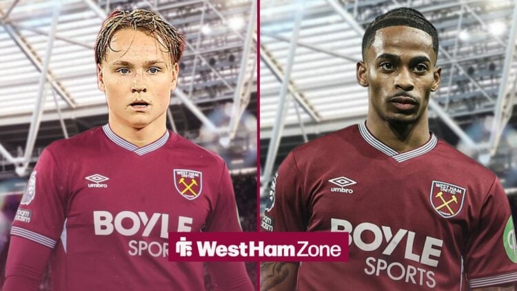 Andreas Schjelderup in a West Ham shirt alongside Crysencio Summerville, both are in front of the London Stadium.