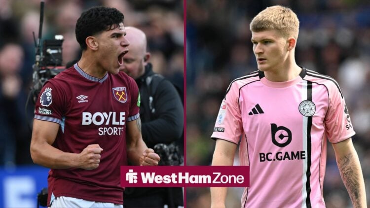 West Ham United midfielder Mateus Fernandes looking at Leicester City star Jordan James