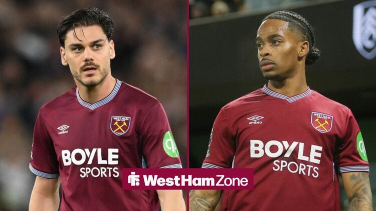 Konstantinos Mavropanos looking at Crysencio Summerville, West Ham duo.