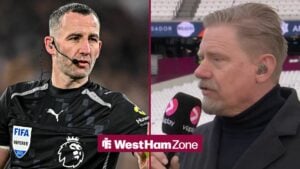 West Ham United v Fulham - Premier League Chris Kavanagh, the match referee, gestures during the Premier League match between West Ham United and Fulham at the London Stadium in Stratford, United Kingdom, on December 27, 2025 and Peter Schmeichel on punditry duty for West Ham vs Arsenal
