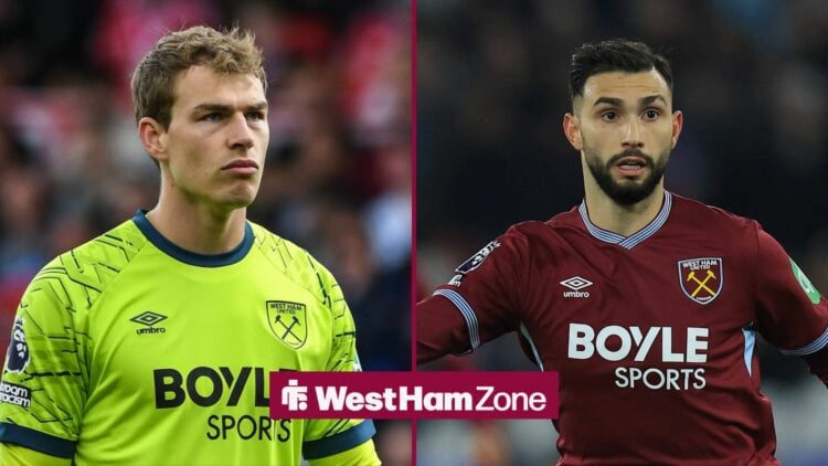 Mads Hermansen in goal for West Ham on the left with Taty Castellanos in action for West Ham on the right