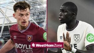 Harrison Burrows in a West Ham shirt on the left with El Hadji Malick Diouf on the right