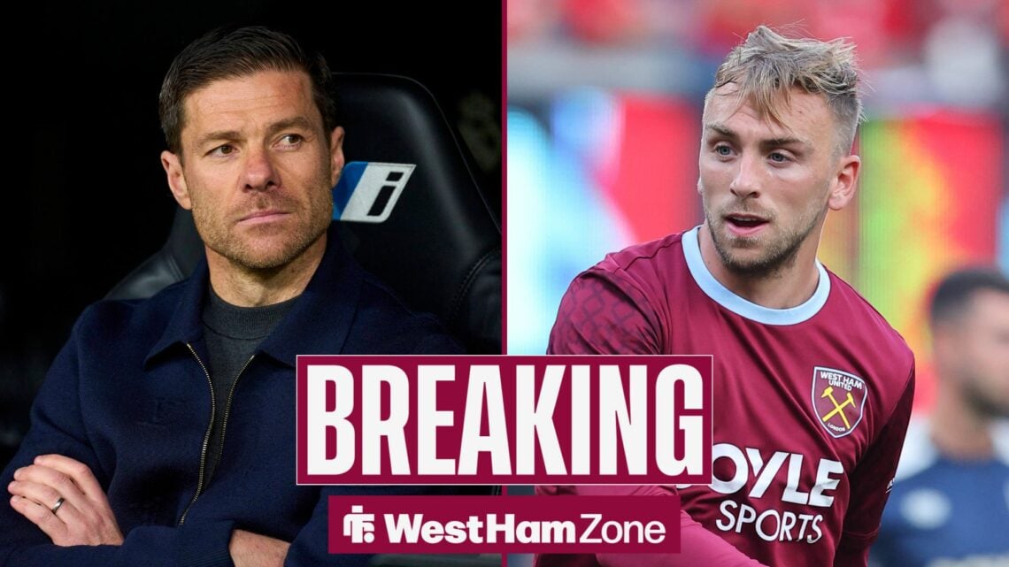 Xabi Alonso looking in the direction of West Ham United star, Jarrod Bowen.