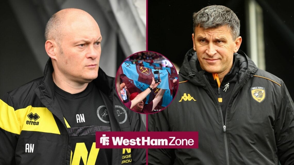 Millwall manager Alex Neil on the left with Hull manager Sergej Jakirovic on the right with West Ham fans in circular inset