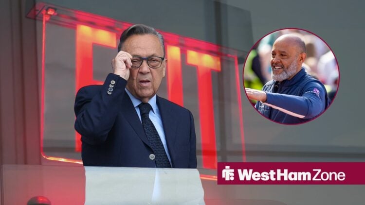 West Ham owner David Sullivan watching on, West Ham manager Nuno Espirito Santo smiling in inset.