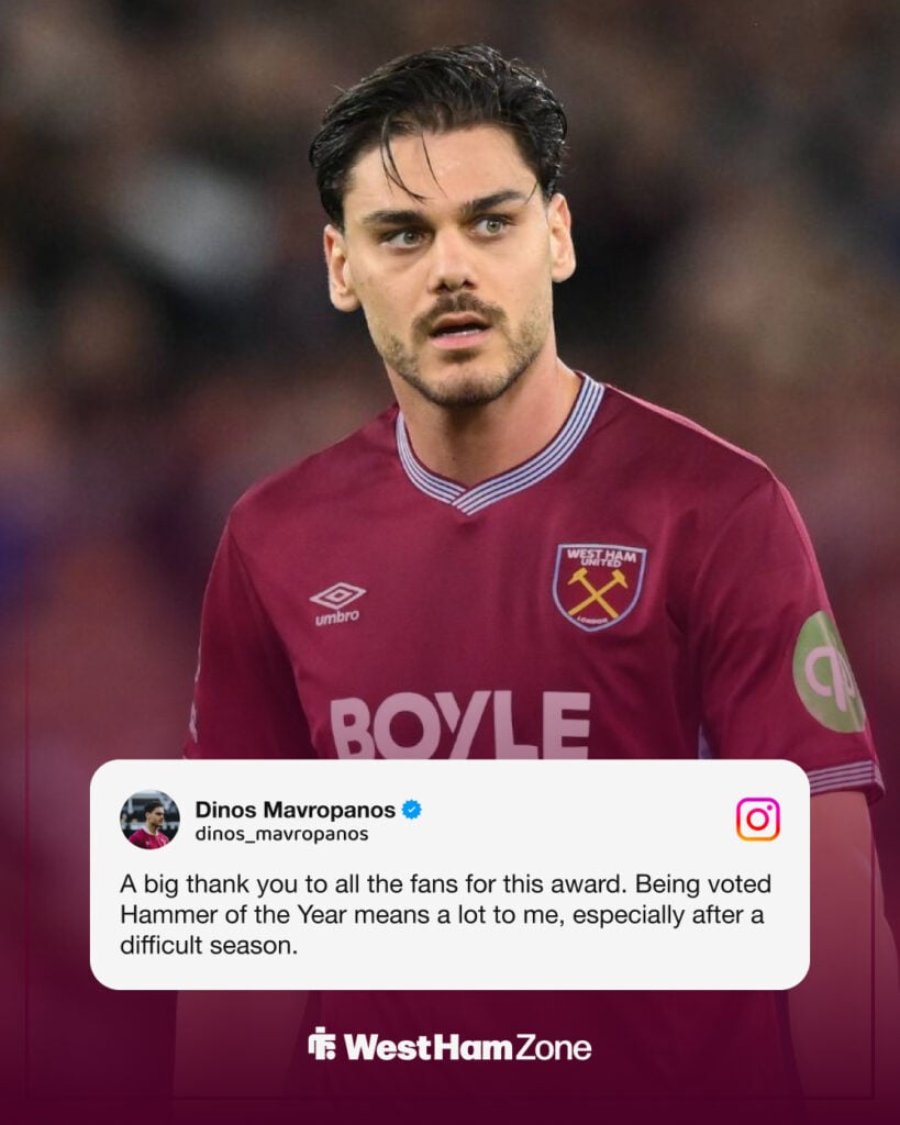 Konstantinos Mavropanos message on Instagram, with image of West Ham star above