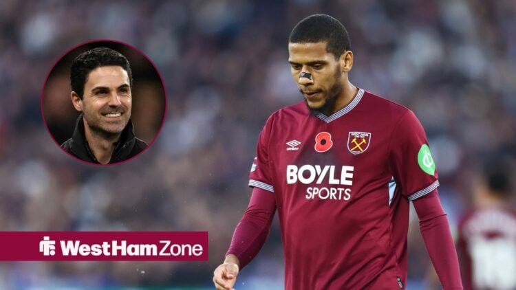 Jean-Clair Todibo of West Ham United in action during the Premier League home game against Burnley, Mikel Arteta of Arsenal smiling.