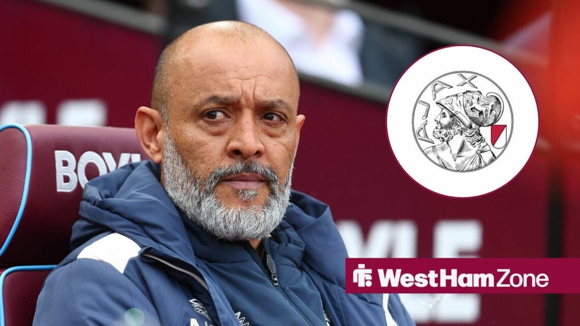 Nuno Espirito Santo, Manager of West Ham United during the West Ham United vs Leeds United FA Cup quarter final match, Ajax badge in inset.
