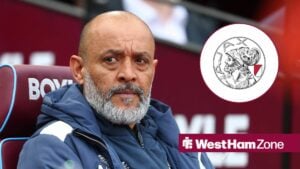 Nuno Espirito Santo, Manager of West Ham United during the West Ham United vs Leeds United FA Cup quarter final match, Ajax badge in inset.