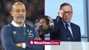 West Ham boss Nuno Espirito Santo with his arms crossed, David Sullivan holding his glasses, Gary Neville on his Sky Sports podcast.