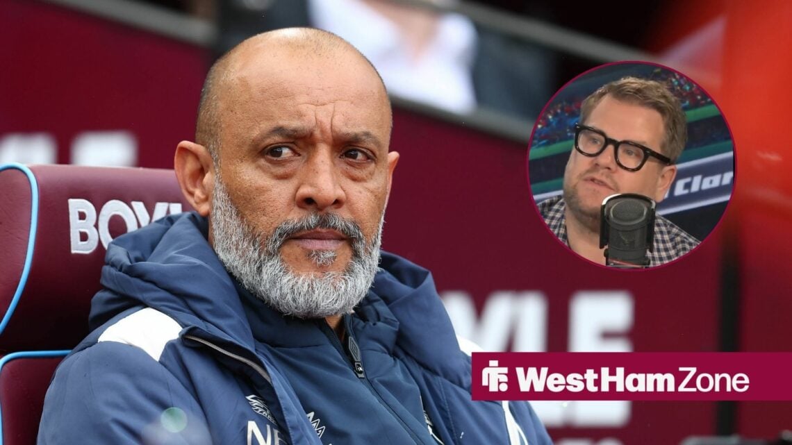 Nuno Espirito Santo, Manager of West Ham United during the West Ham United vs Leeds United FA Cup quarter final match, James Corden speaking on tal...