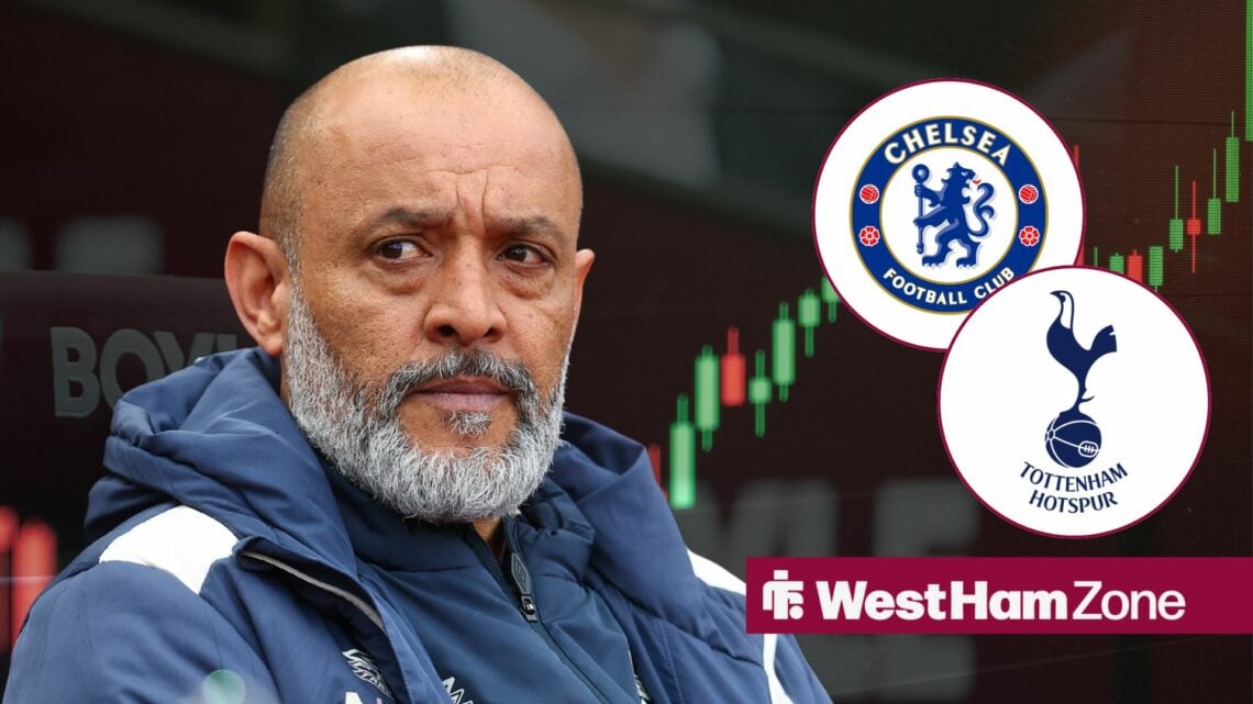 Nuno Espirito Santo, Manager of West Ham United during the West Ham United vs Leeds United FA Cup quarter final match, Chelsea and Tottenham badge ...