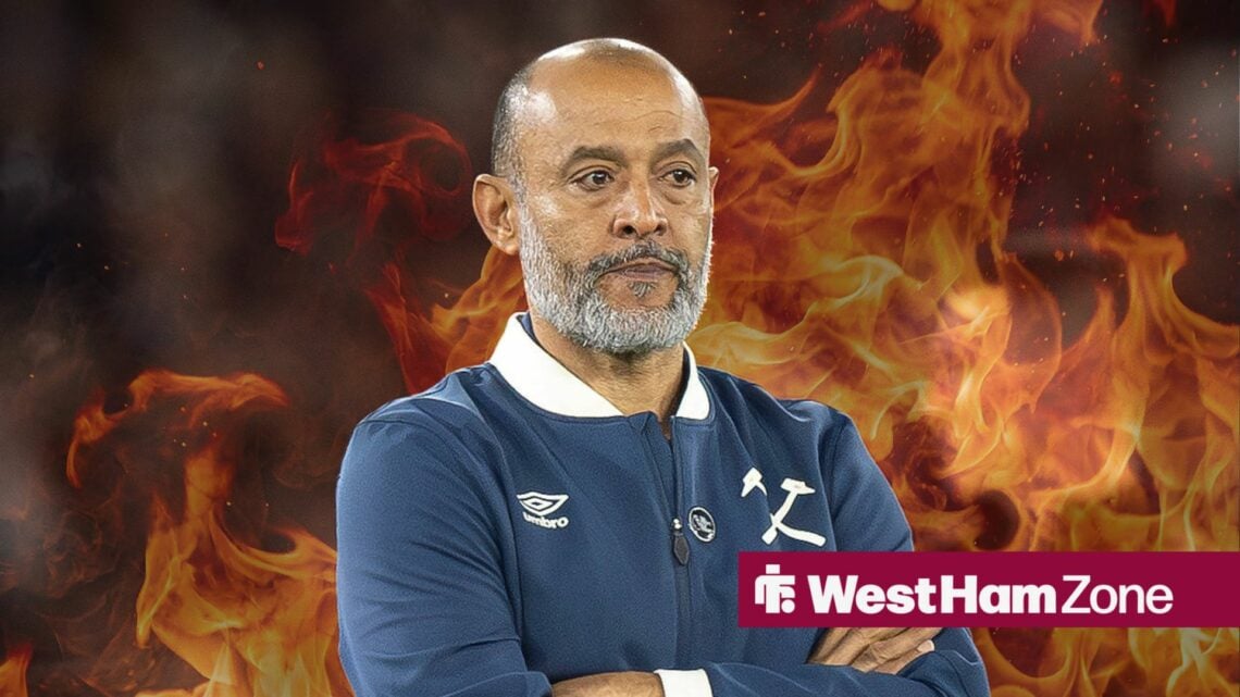 Nuno Espirito Santo managing West Ham with his arms folded with a fire background.