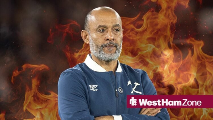 Nuno Espirito Santo managing West Ham with his arms folded with a fire background.