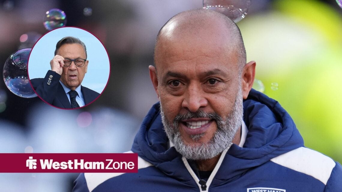 West Ham boss Nuno Espirito Santo smiling and David Sullivan in inset.