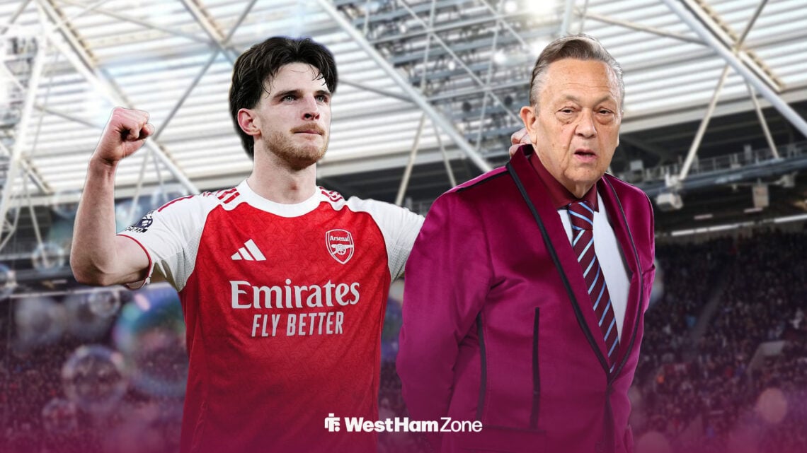 Declan Rice celebrating in Arsenal kit alongside David Sullivan at London Stadium