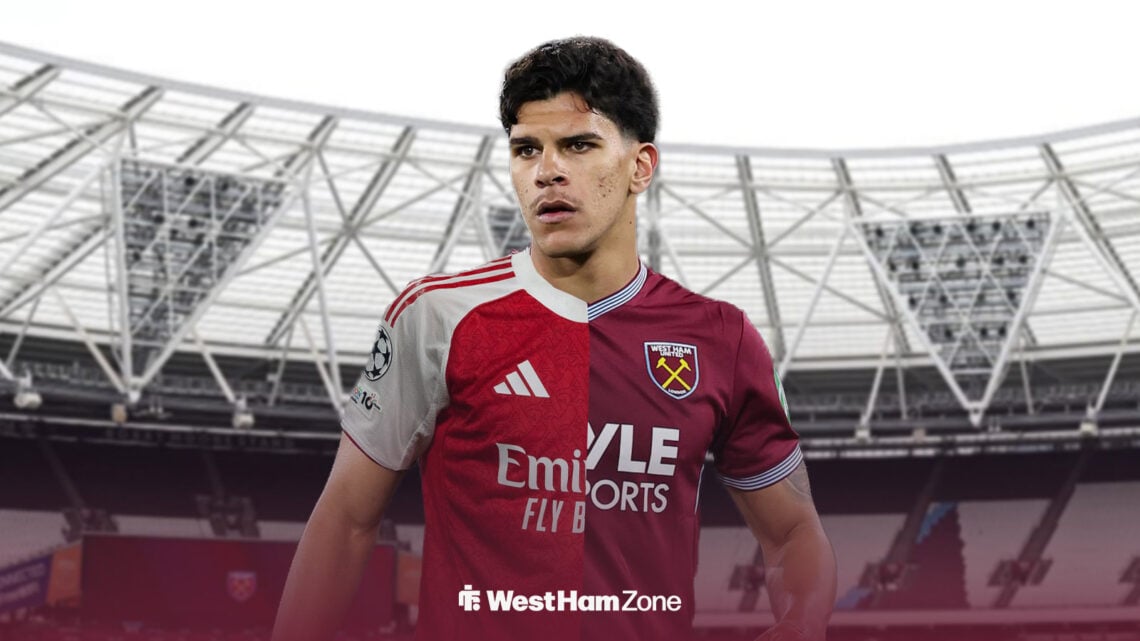 Mateus Fernandes wearing a 50-50 Arsenal and West Ham shirt, with the London Stadium behind him