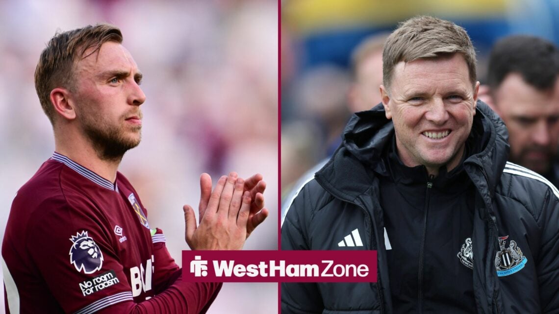 Jarrod Bowen applauding and Eddie Howe smiling in a split image