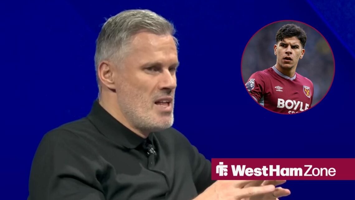 Jamie Carragher working as a pundit, with Mateus Fernandes in a circular frame inset