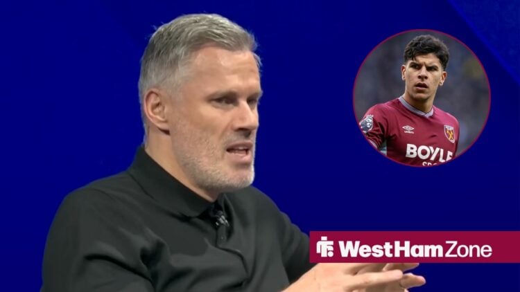 Jamie Carragher working as a pundit, with Mateus Fernandes in a circular frame inset