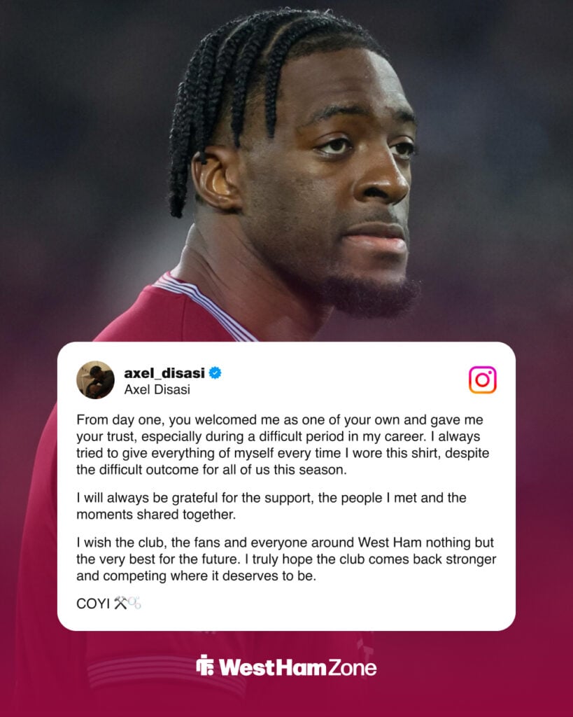 Axel Disasi's farewell to West Ham on Instagram