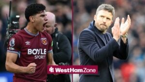Mateus Fernandes celebrates for West Ham, with Michael Carrick applauding alongside him