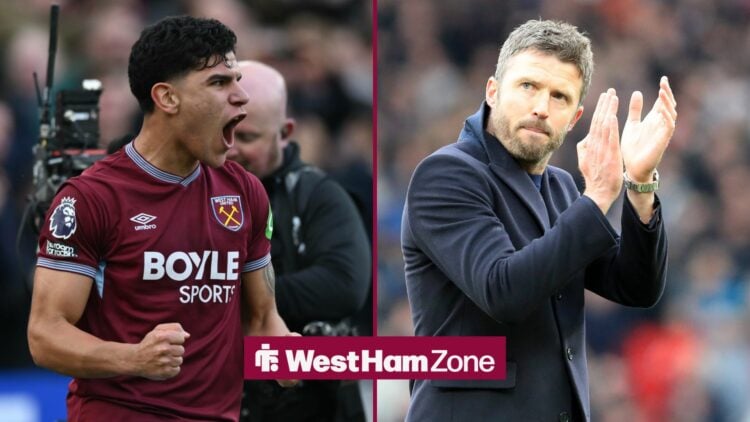 Mateus Fernandes celebrates for West Ham, with Michael Carrick applauding alongside him