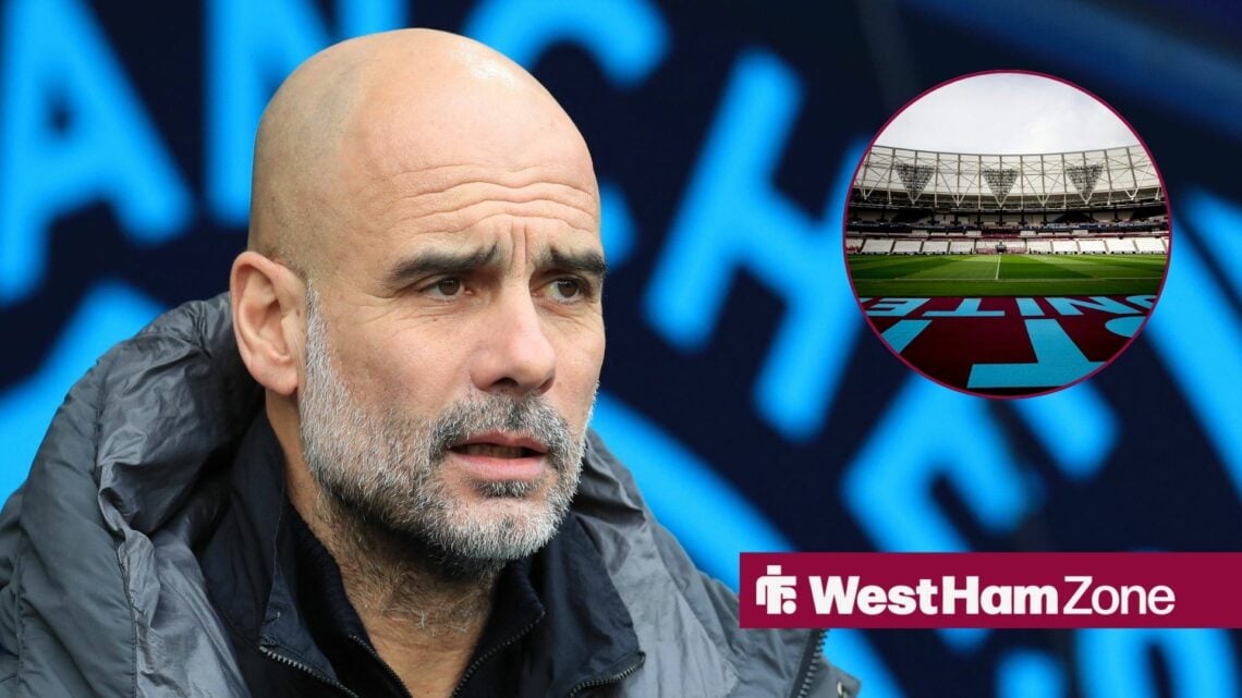 Pep Guardiola looking towards a circular frame inset of the London Stadium