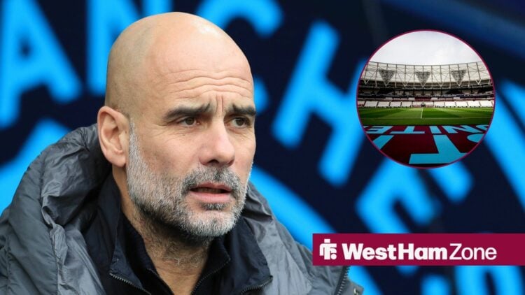 Pep Guardiola looking towards a circular frame inset of the London Stadium