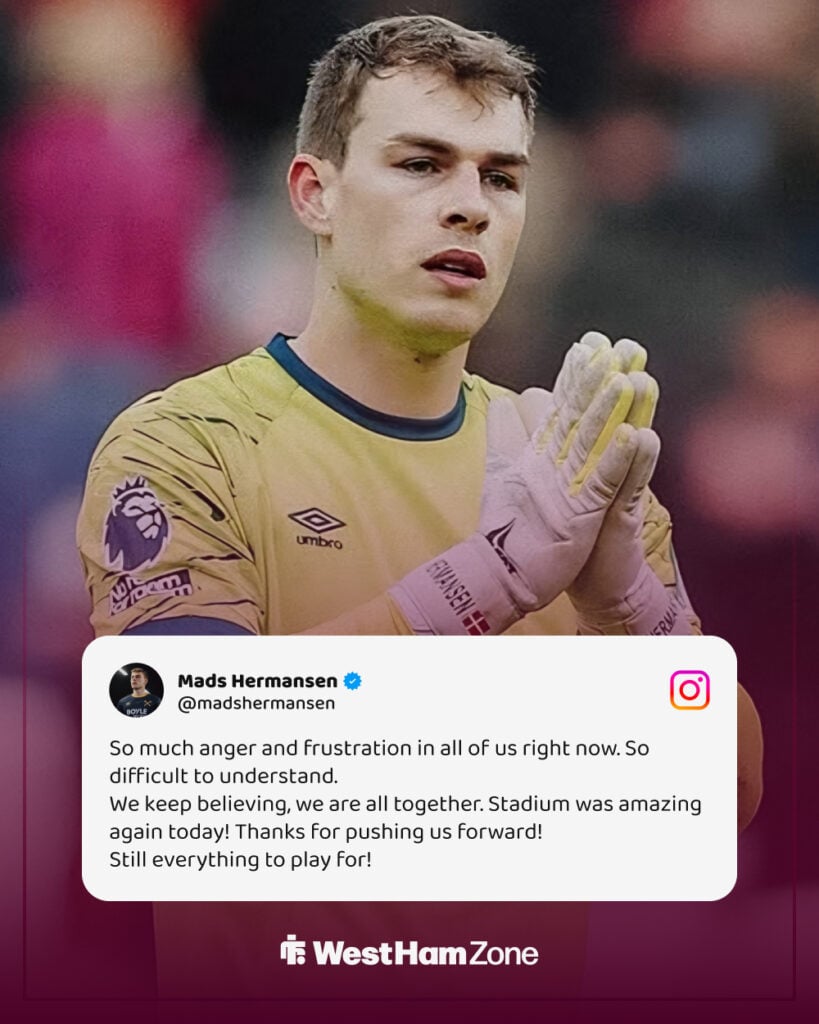 Mads Hermansen's Instagram post after West Ham vs Arsenal