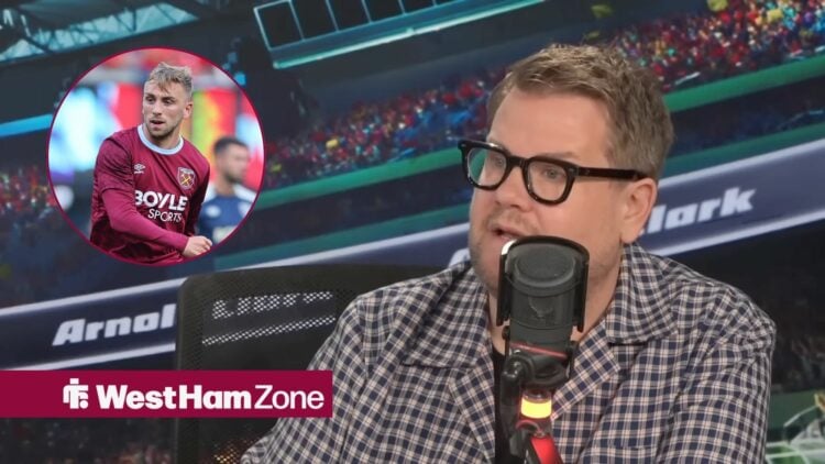James Corden looking at a circular inset of Jarrod Bowen.