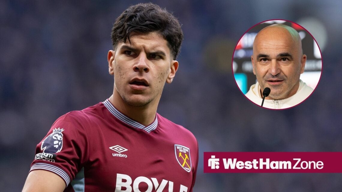 Mateus Fernandes looking frustrated, alongside a circular inset of Roberto Martinez.