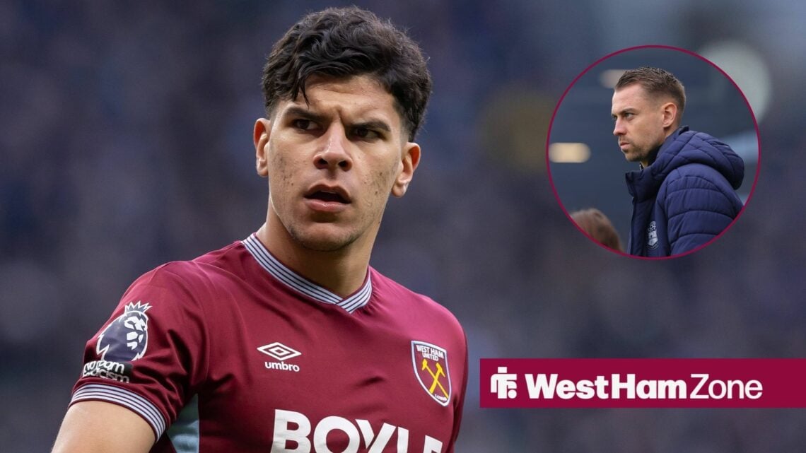 Mateus Fernandes in action for West Ham, alongside a circular inset of Tonda Eckert as Southampton manager.