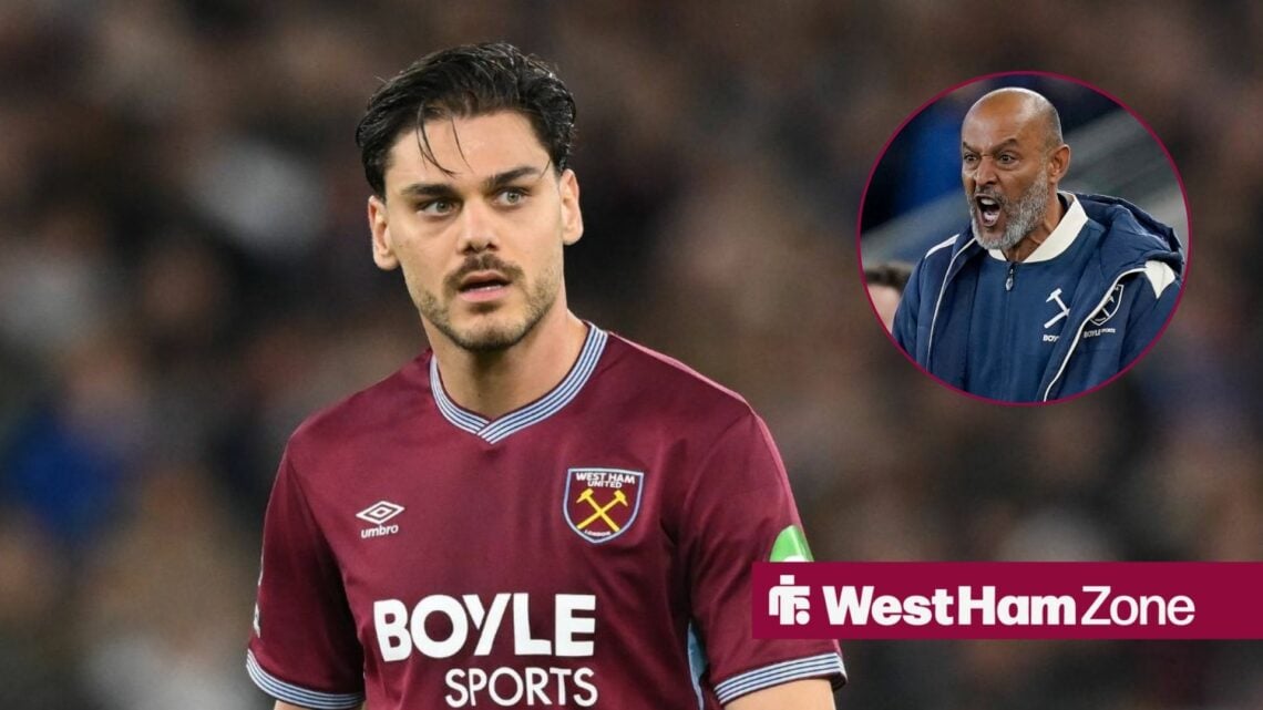 Konstantinos Mavropanos in action for West Ham, with Nuno Espirito Santo in a circular frame inset