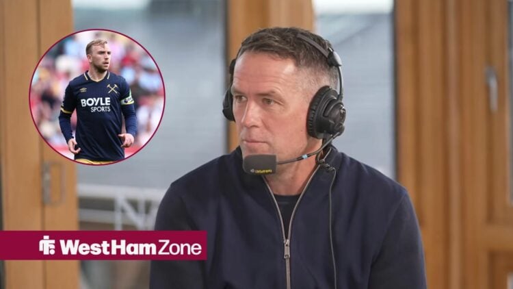 Michael Owen looking at a circular inset of Jarrod Bowen playing for West Ham United.