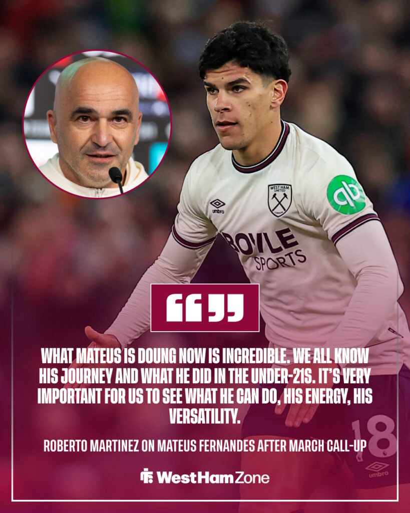 A graphic detailing Roberto Martinez's thoughts on Mateus Fernandes in March 2025.