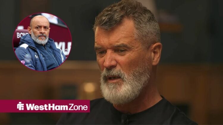 Roy Keane and a circular inset of Nuno Espirito Santo in the dugout for West Ham United.