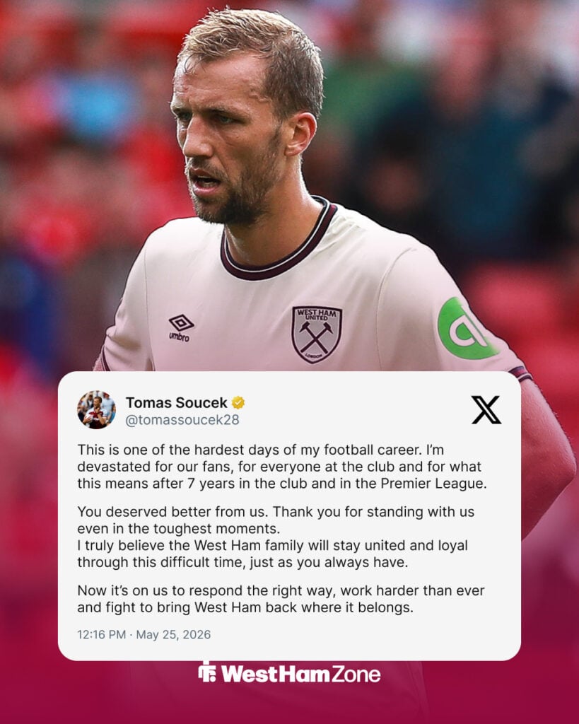 Tomas Soucek's message to West Ham supporters on Twitter (X)