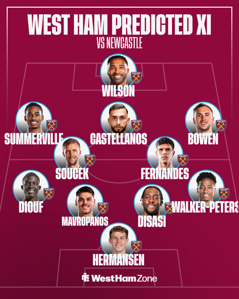 A graphic detailing the predicted West Ham lineup vs Newcastle.
