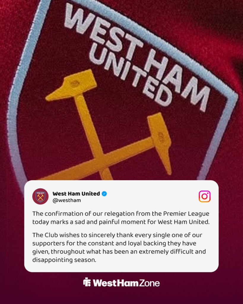 The start of West Ham's club statement on Instagram following Premier League relegation