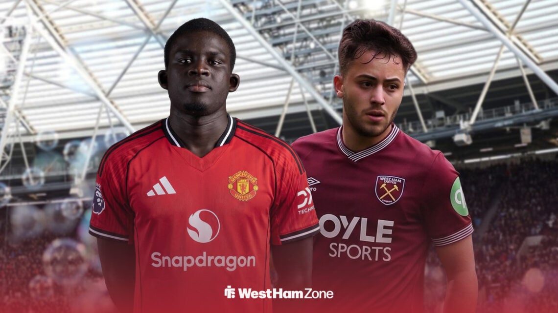 Malick Diouf in a Man United shirt with Souffian El Karouani in West Ham shirt